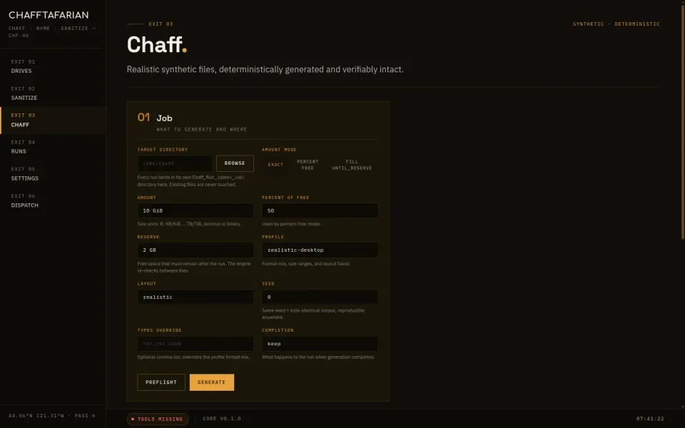 The Chaff view mid-generation with progress and throughput