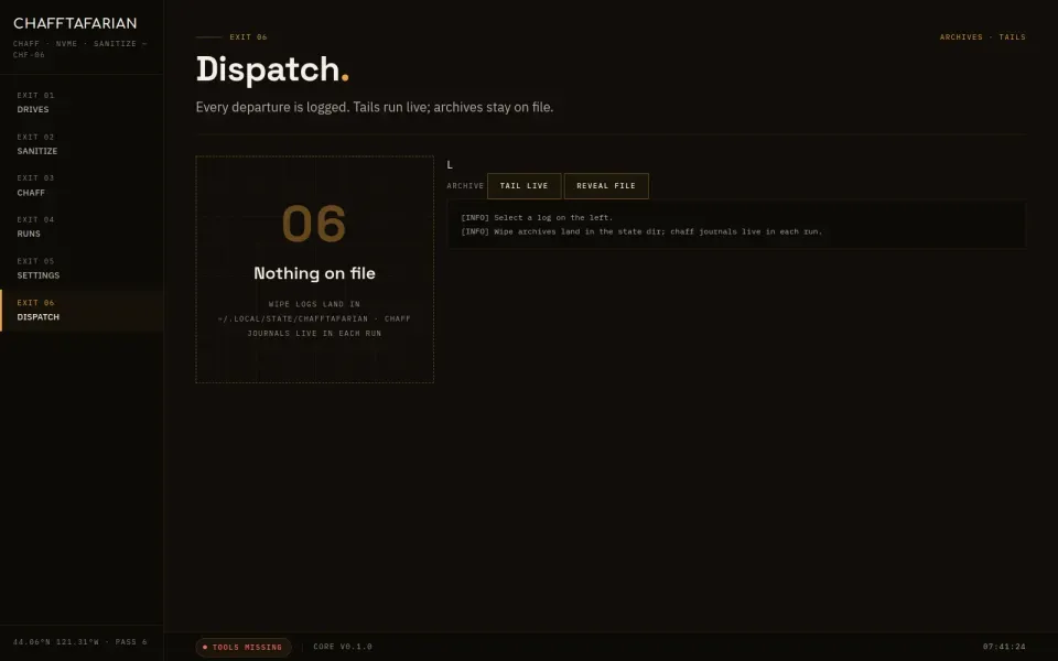 The Dispatch view: log browser with live tail