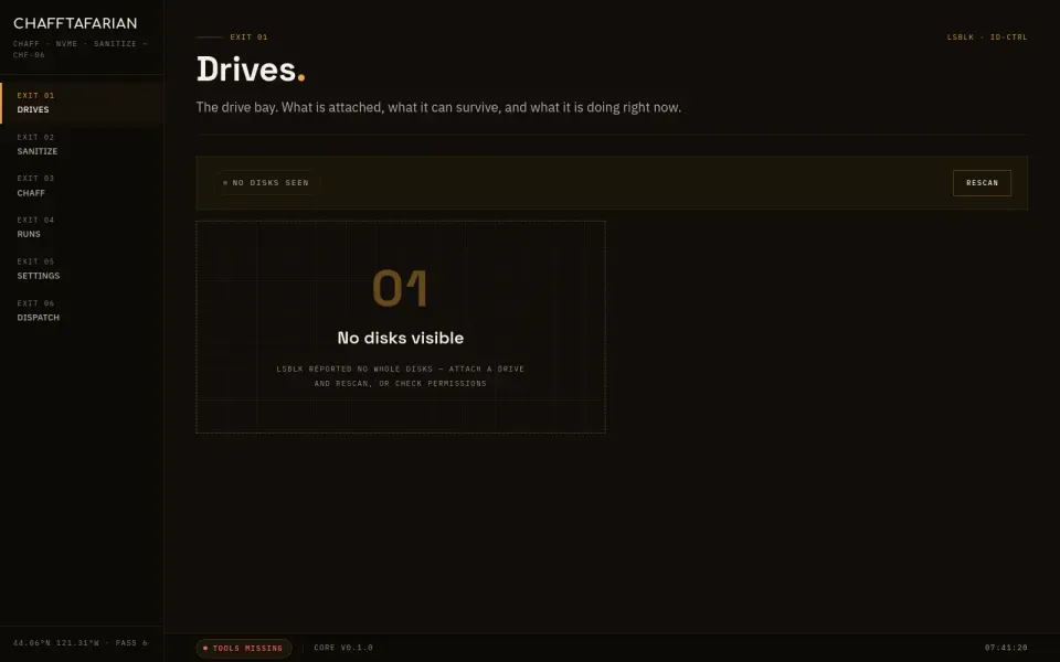 The Drives view: NVMe disks with capability chips and OS disk flags