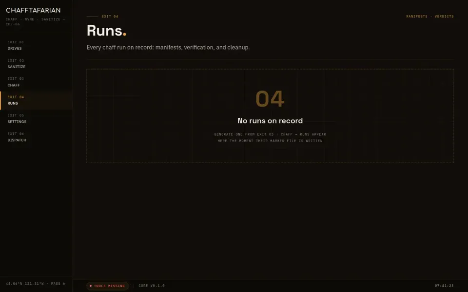 The Runs view listing chaff runs with status chips