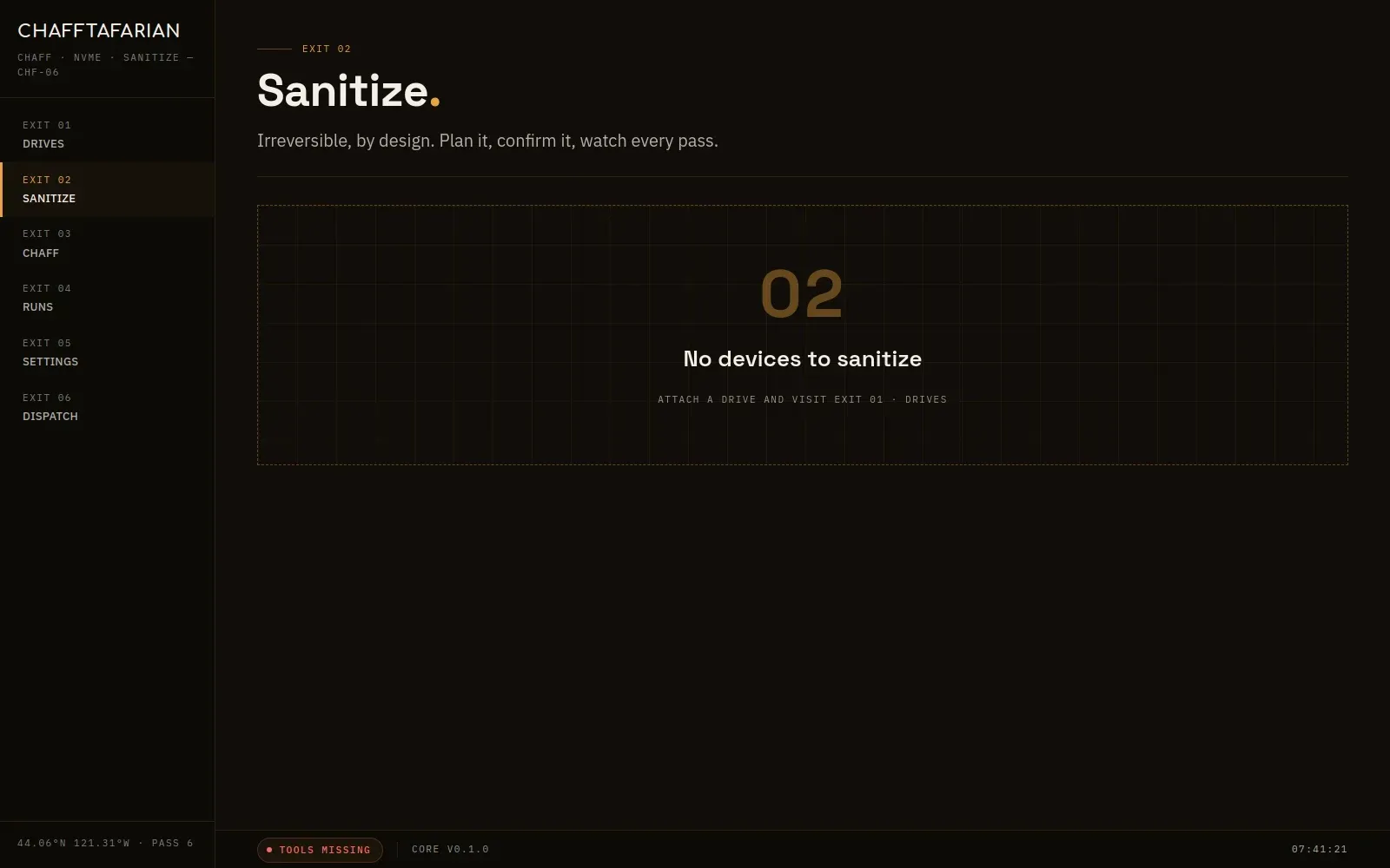 The Sanitize view: a six pass wipe plan with per-pass progress lanes